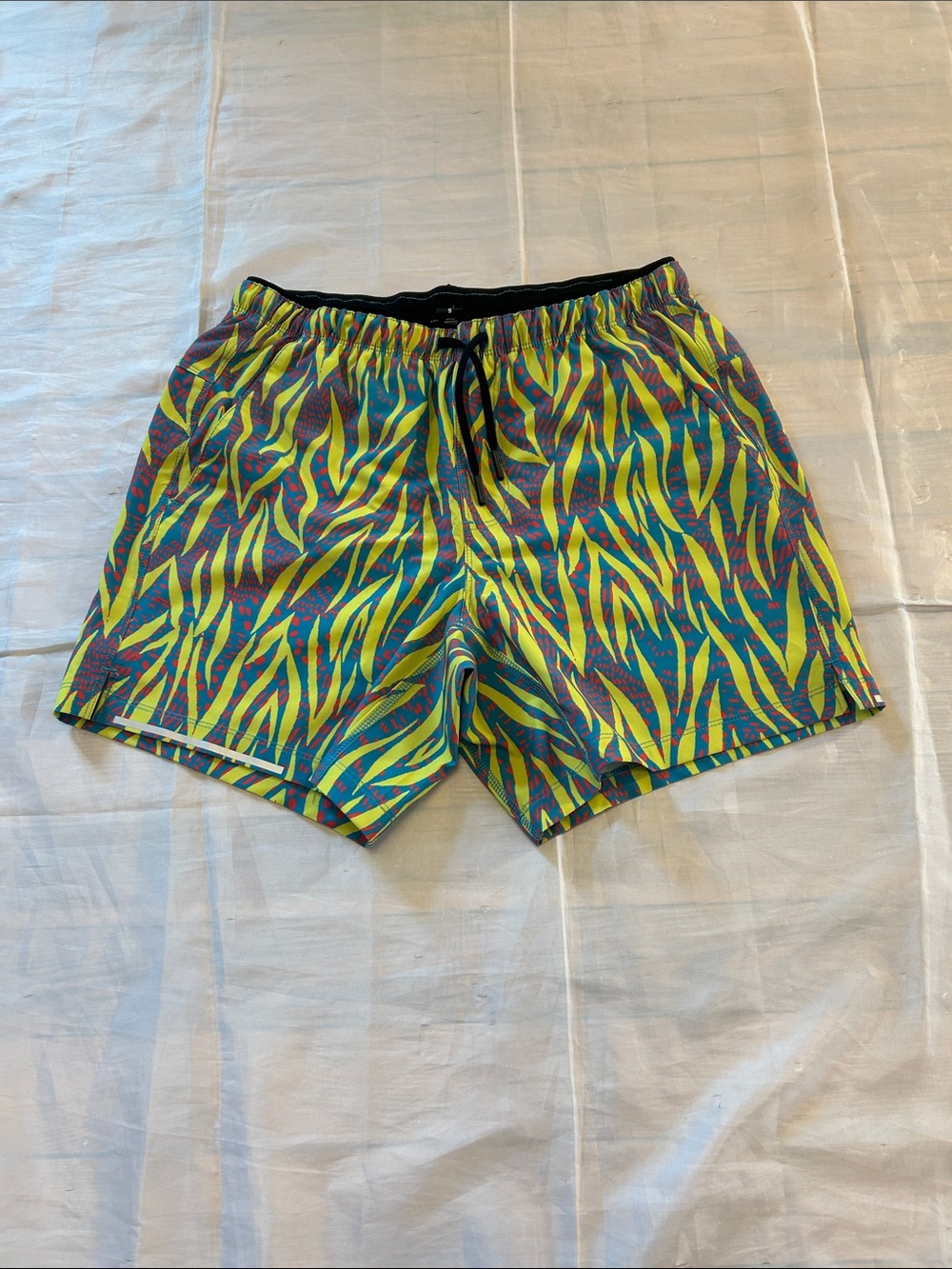 Maaji Neon Green and Blue Wave-Pattern Swim Trunks